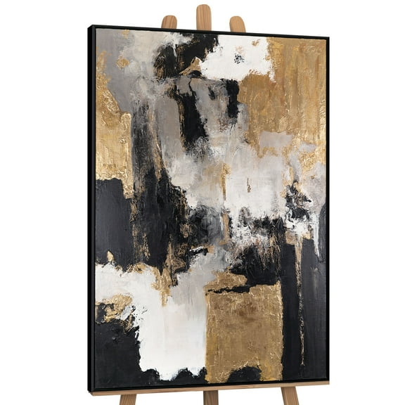 YS-Art Gold Accents Hand-Painted Abstract Canvas Wall Art with Black Frame, Modern Home Décor, 48x32 in