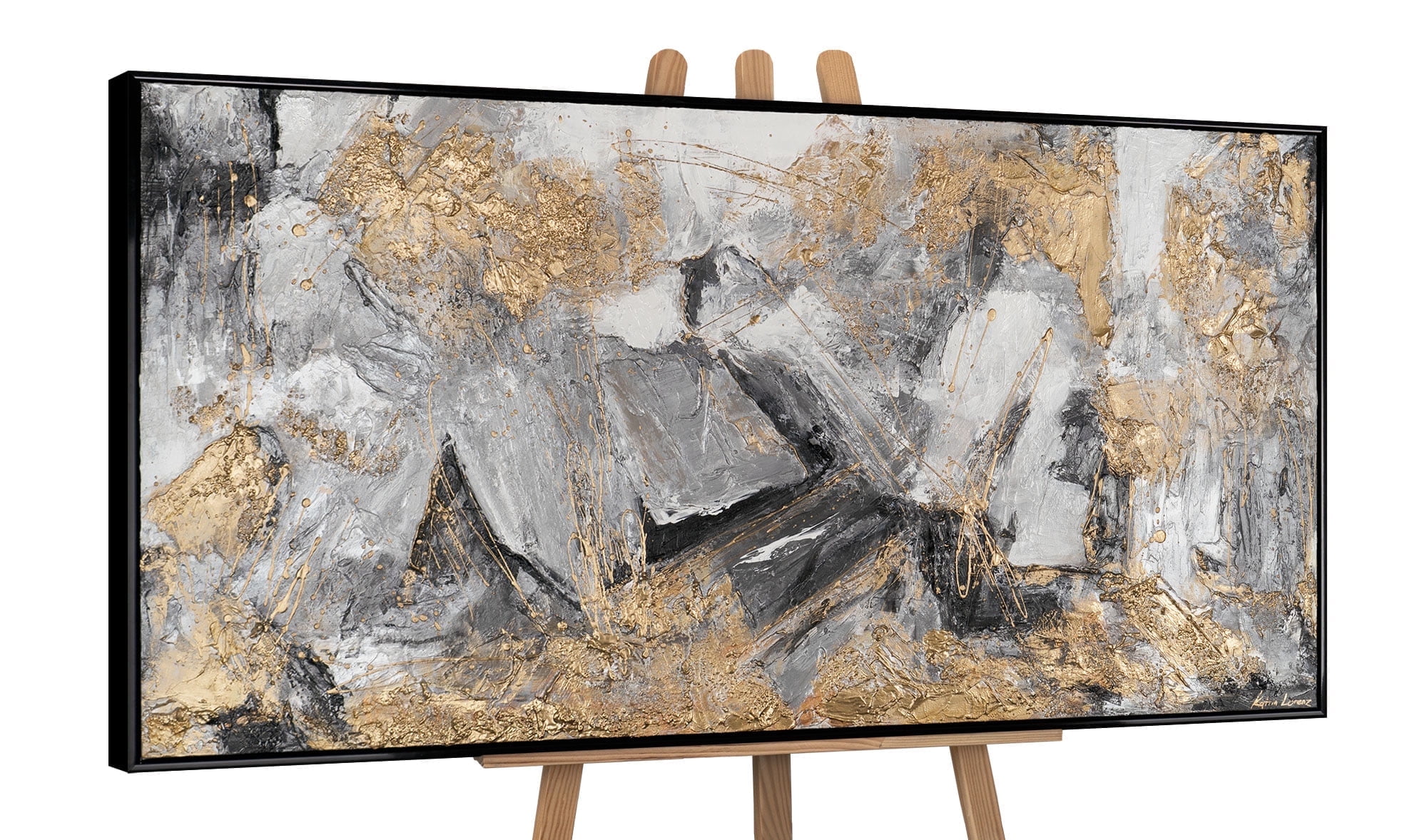 YS-Art Gold and Silver Acrylic Textured Metallic Canvas Wall Art with Black Frame, Modern Painting for Home Decor, 32x63 in