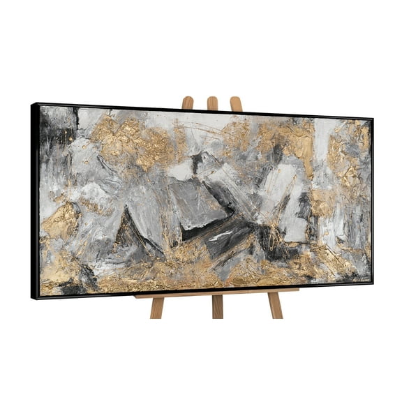 YS-Art Gold and Silver Acrylic Textured Metallic Canvas Wall Art with Black Frame, Modern Painting for Home Decor, 32x63 in