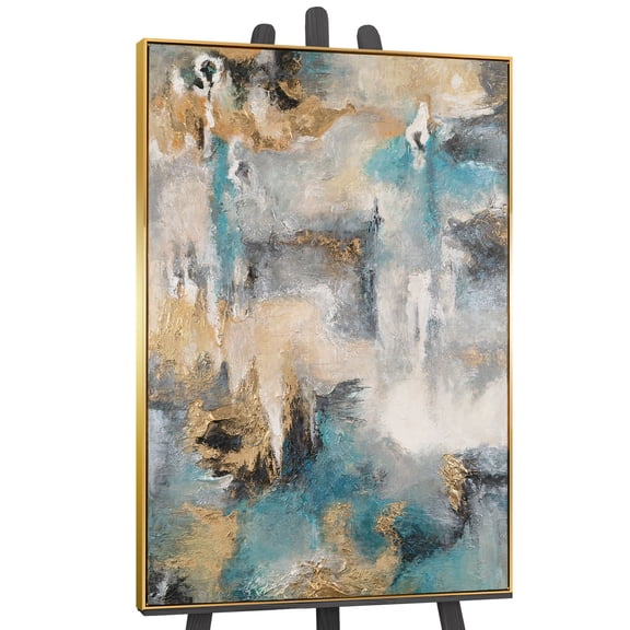 YS-Art Golden Clouds Large Hand-Painted Abstract Canvas Wall Art with Gold Frame, Modern Artwork for Home Decor, 48x32 in