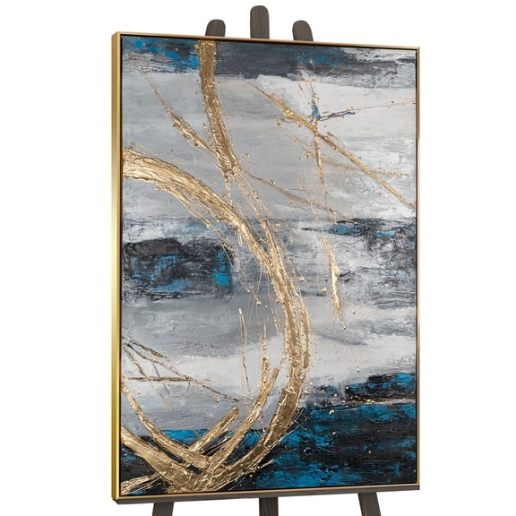 YS-Art Golden Touches Hand-Painted Abstract Wall Art on Canvas with Gold Frame, Acrylic Wall Decor for Home, 48x32 in