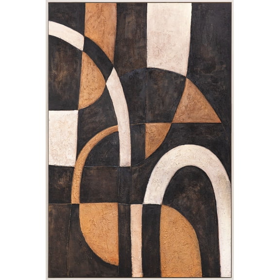 YS-Art Harmony of curves Heavily Textured Contemporary Wall Art Hand Painted Artwork Canvas Beige Frame 56x40 in