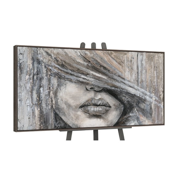 YS-Art Lady Hand-Painted Textured Abstract Portrait with Gray Frame, Modern Canvas Wall Art for Living Room or Office, 48x24 in