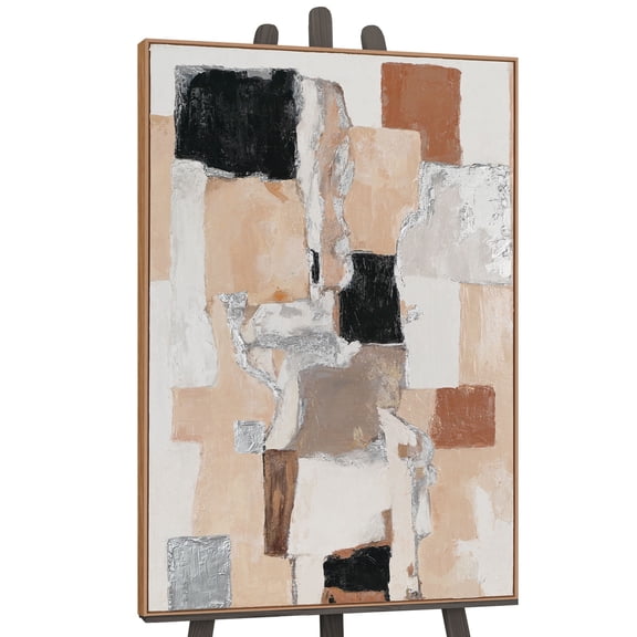 YS-Art Lines and Shapes Abstract Canvas Art Hand-Painted Modern Wall Decor with Wood Frame for Living Room or Office, 48x32 in