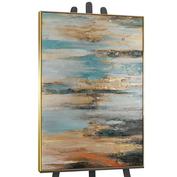 YS-Art Morning Fog Large Hand-Painted Acrylic Abstract Landscape Canvas with Gold Frame, Modern Wall Art for Home Decor, 48x32 in