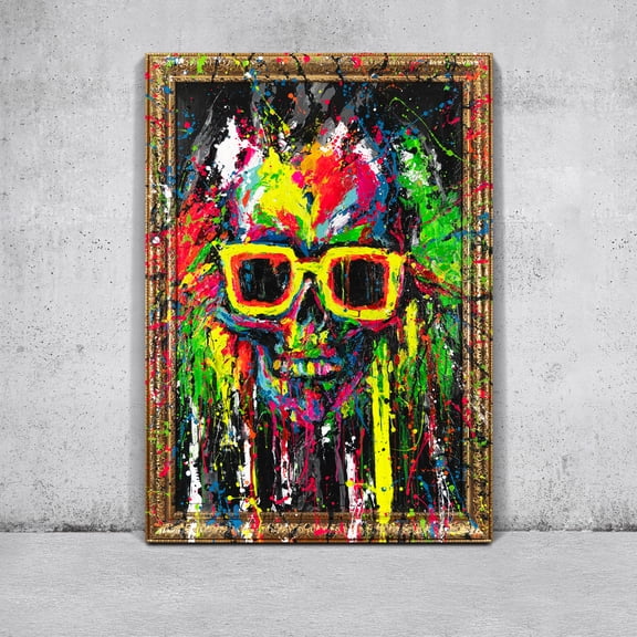 YS-Art Neon Splashes Hand-Painted Abstract Wall Art with Gold Frame, Original Acrylic Painting for Home Decor, 48x32 in
