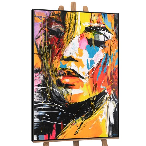 YS-Art Palette of Feelings Abstract Hand-Painted Portrait Canvas Wall Art with Black Frame, Modern Home Decor, 48x32 in