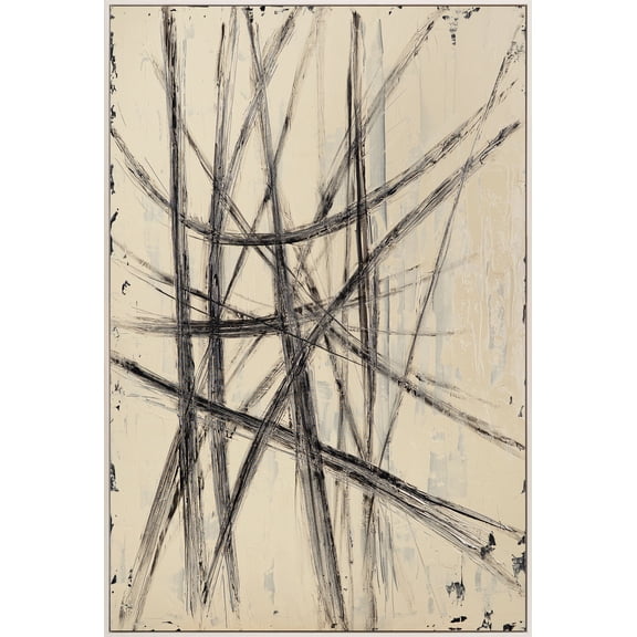 YS-Art Parallels and intersections Oversized Hand-Painted Abstract Wall Art Heavily Textured Canvas Beige Frame 56x40 in