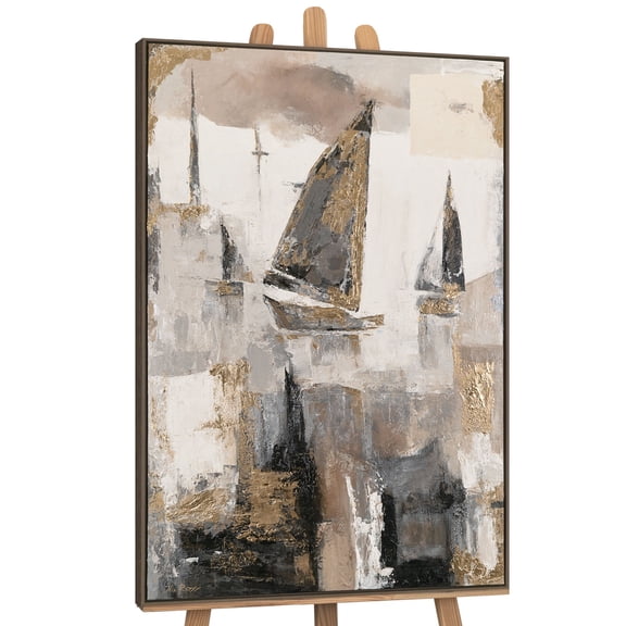 YS-Art Sailing Trip Large Acrylic Hand-Painted Abstract Canvas Wall Art with Gray Frame, Modern Painting for Living Room or Office, 48x32 inch