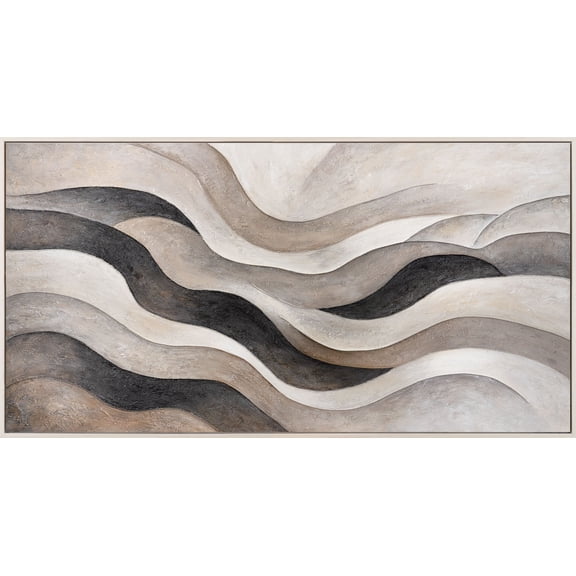 YS-Art Sand Waves Canvas Wall Art Framed Artwork for the Wall 3D Minimalist Abstract Painting Beige Frame 56x28 in