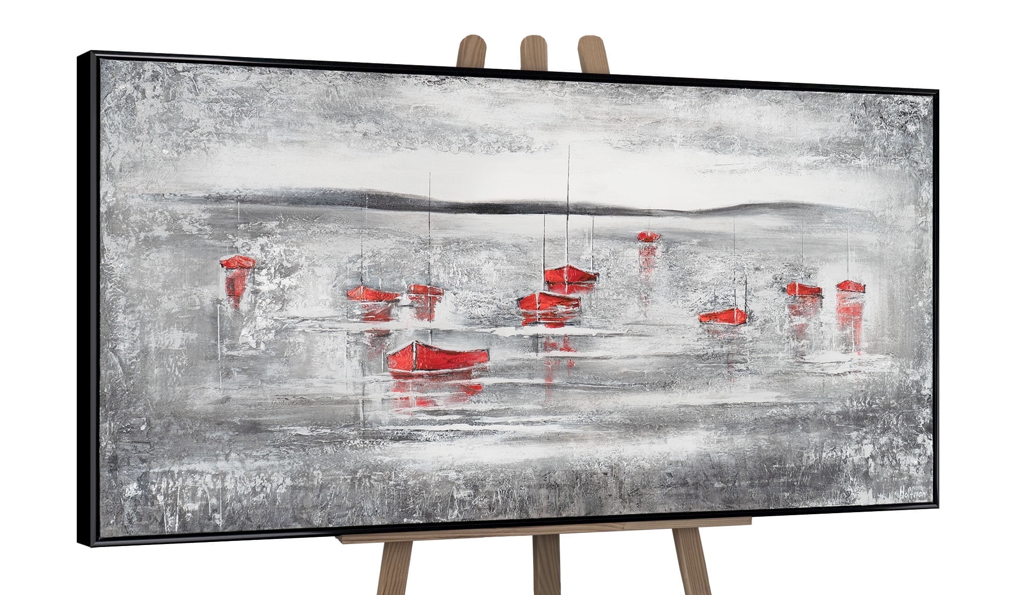 YS-Art Scarlet Pier Hand-Painted Acrylic Wall Art with Black Frame, Modern Textured Canvas Painting for Home, 24x48 in