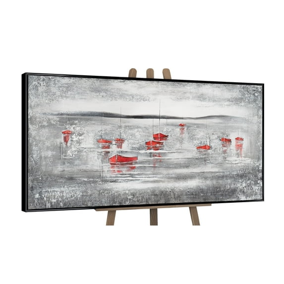 YS-Art Scarlet Pier Hand-Painted Acrylic Wall Art with Black Frame, Modern Textured Canvas Painting for Home, 24x48 in