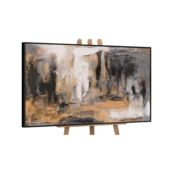 YS-Art Shadows and Gold Hand-Painted Textured Abstract Painting with Black Frame, Modern Wall Art for Home Decor, 32x48 in