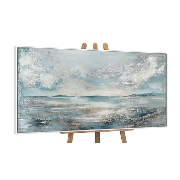 YS-Art Shimmering Smooth Abstract Canvas Wall Art with White Frame 24x48 in, Textured Seascape Painting for Home Decor