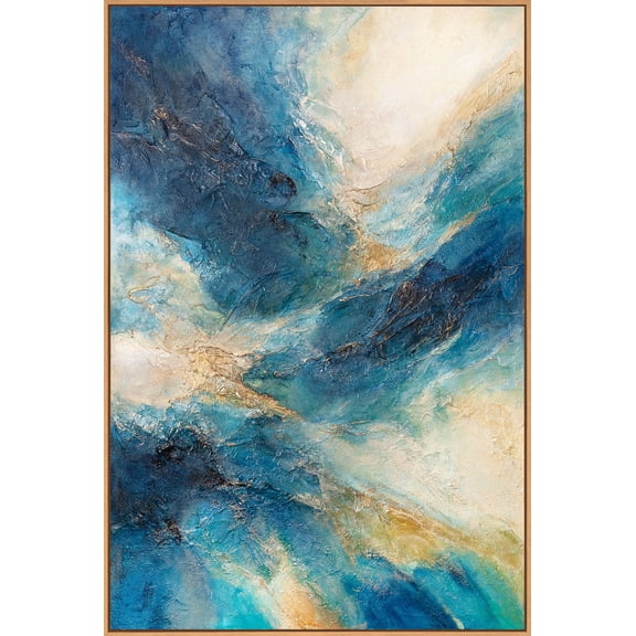 YS-Art Shimmering Waves Hand-Painted Heavily Textured Wall Art, 3D Gold Abstract Canvas, Wood Frame, 48x32 in