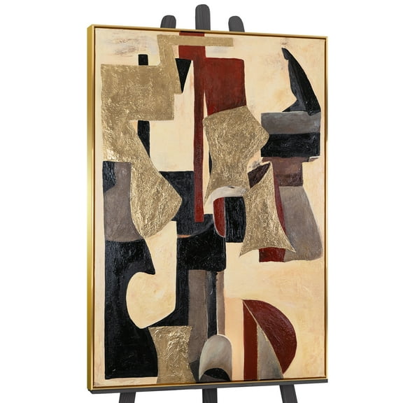 YS-Art Space Geometry Abstract Large Hand-Painted Canvas Wall Art with Gold Frame, Modern Geometric Painting for Living Room or Office, 48x32 inch