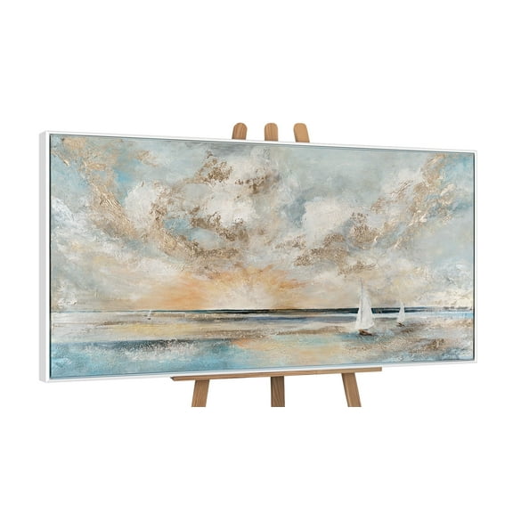 YS-Art The Glow of Dawn Abstract Hand-Painted Wall Art with White Frame, Painting for Home Decor, 24x48 in