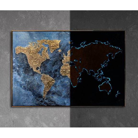 YS-Art World on Canvas Glow-in-the-Dark Map Art with Black and Gold Frame, Handmade Wall Decor, 32x48 in
