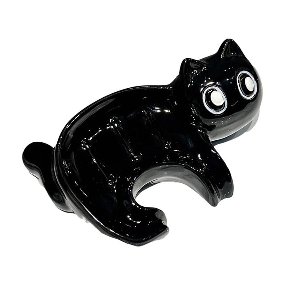YSABOXS Self Draining Drain Soap Box Ceramic Soap Holder Black Cat Soap