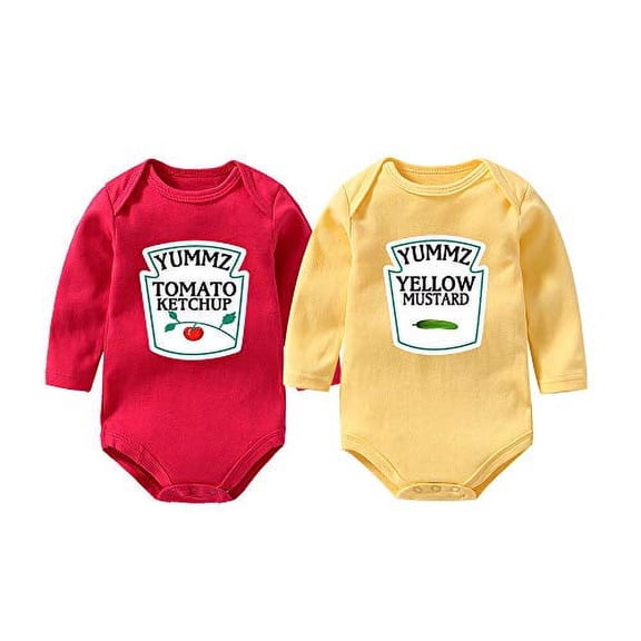 YSCULBUTOL Baby Twins Bodysuit Yummz Tomato Ketchup Mustard Red Yellow Twins Set Boys Girls Twins Baby Outfits (KM 6M Long)