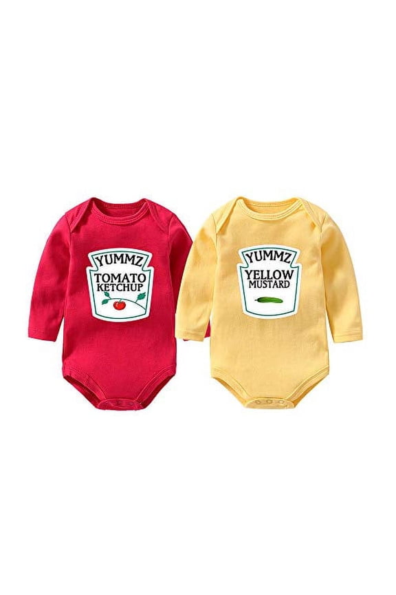 Baby Twins Bodysuit Yummz Tomato Ketchup Mustard Red Yellow Twins Set Boys Girls Twins Baby Outfits (KM 6M Long)