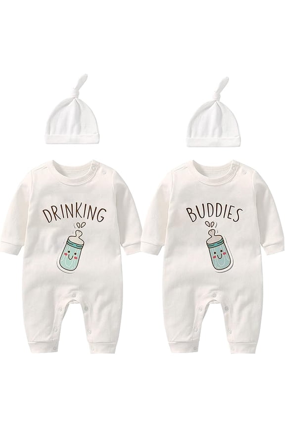 YSCULBUTOL Baby Twins Bodysuits Drinking Buddies Newborn Infant Clothes Unisex Twin Romper Outfits With Hat