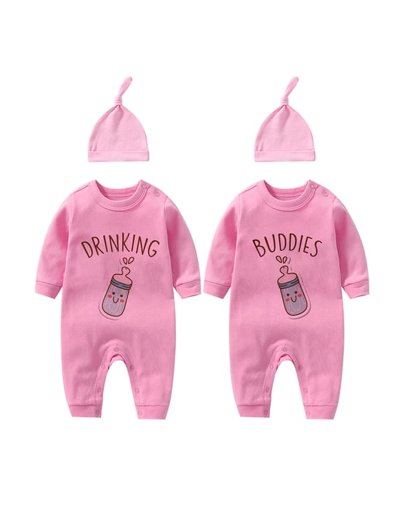 YSCULBUTOL Baby Twins Bodysuits Drinking Buddies Newborn Infant Clothes Unisex Twin Romper Outfits With Hat