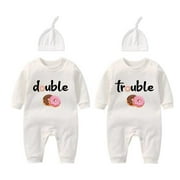 YSCULBUTOL Baby Twins Bodysuits Funny Double Trouble Cute Romper Twin Jumpsuits Hat Set(0-3 months)