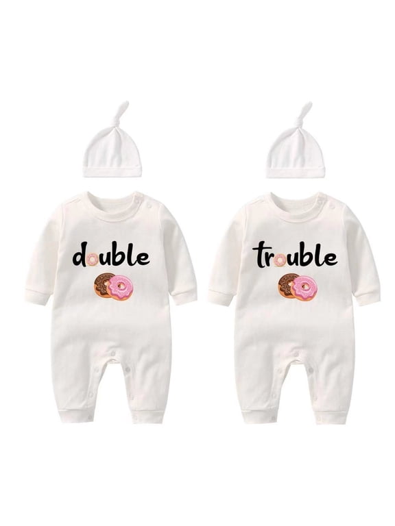 Baby Twins Bodysuits Funny Double Trouble Cute Romper Twin Jumpsuits Hat Set(0-3 months)
