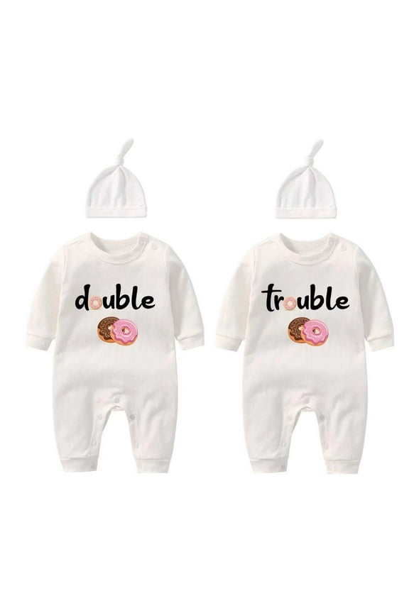 Baby Twins Bodysuits Funny Double Trouble Cute Romper Twin Jumpsuits Hat Set(0-3 months)
