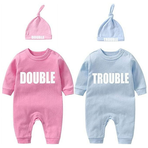 YSCULBUTOL Twins Bodysuits Funny Double Trouble Pack of 2 Twins Set with hat 10-12Months