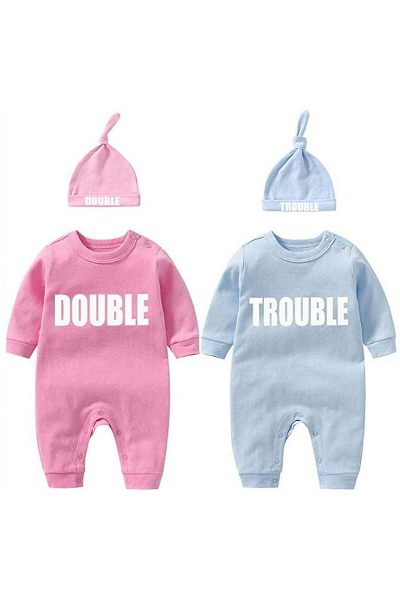 Twins Bodysuits Funny Double Trouble Pack of 2 Twins Set with hat 10-12Months