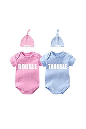 Twins Bodysuits Funny Double Trouble Pack of 2 Twins Set with hat (Pink Blue, 3-6 Months)