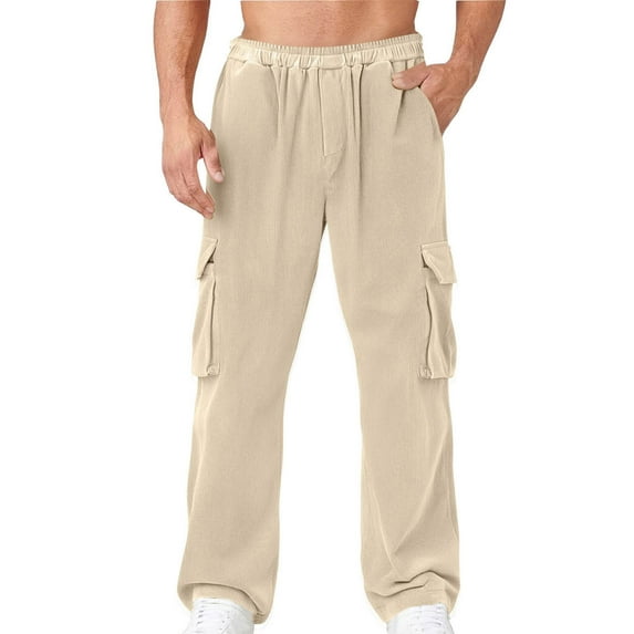 YSDESH Mens Casual Cargo Pants Outdoor Work Pants with Elastic Waist and Multiple Pockets Comfortable Breathable Loose Fit Long Pants for Hiking Travel Sports(Khaki,L)