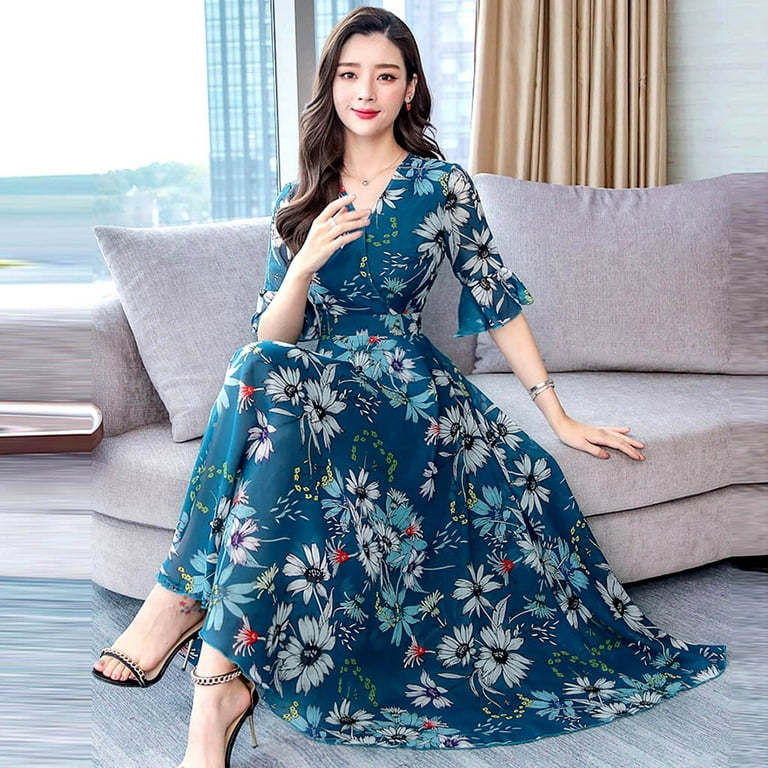 YSEINBH Summer Dresses for Women Womens Dresses V Neck Beach Party Floral  Print Long Dress 3/4 Sleeve Belted Casual A Line Maxi Dress Blue XXL 
