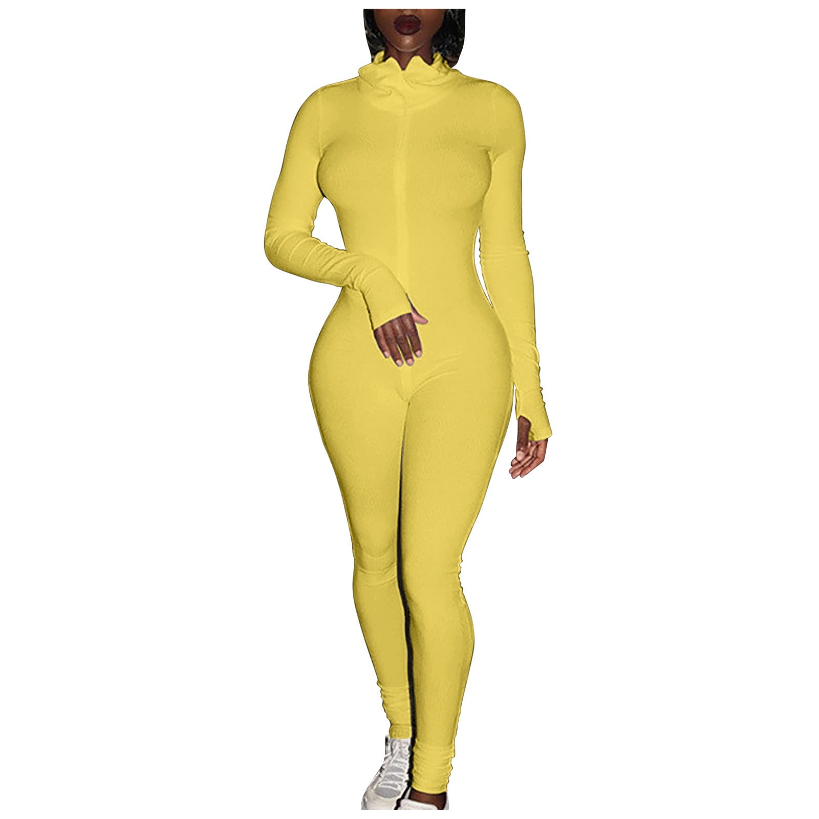 YSEINBH Women's Jumpsuits Solid Color Neck Long Sleeve Casual Bodysuit  Summer Playsuit Romper Overalls Yellow XXL 