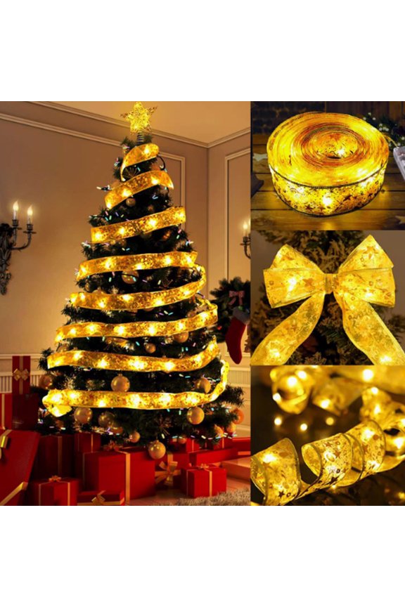 10ft Gold Christmas Ribbon LED String Lights, Battery Operated, Flexible DIY for Christmas Tree Decorations, Holiday Festive Lighting