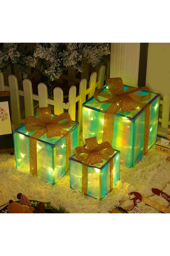 3-Piece Christmas Lighted Gift Boxes with Remote Control, Battery Operated Warm White LED, Ribbon Decorated PVC Indoor Outdoor Christmas Decorations