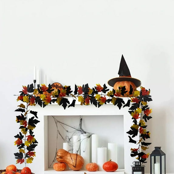 YSGFHGJW Halloween Faux Maple Leaf Vines 2 Pack, Plastic Artificial Vines for Home Decor, Indoor Wall Fireplace Halloween Decorations