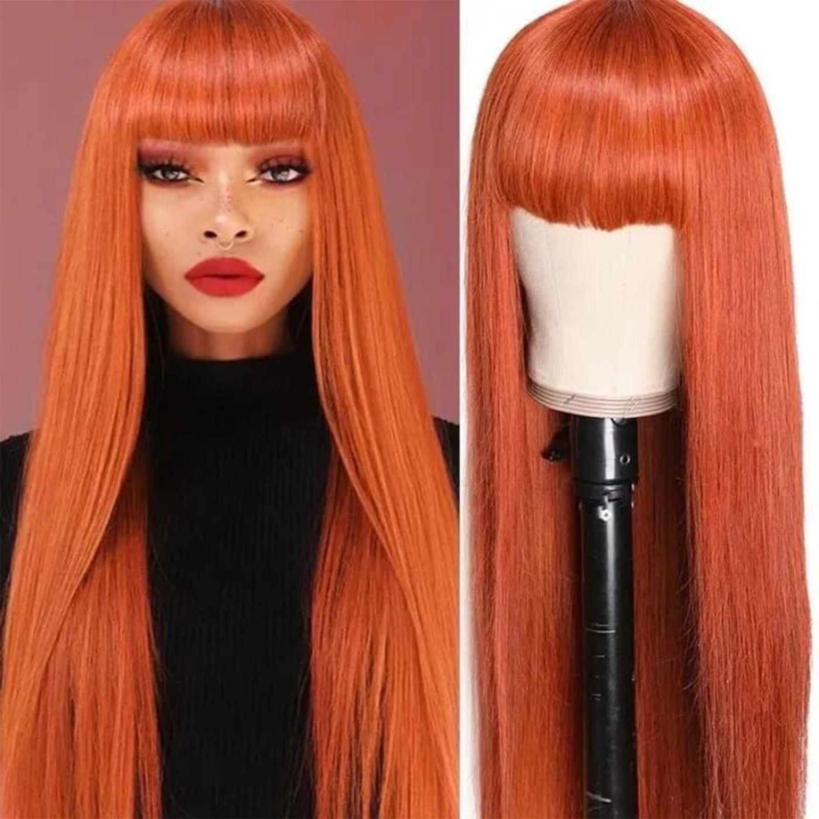 YSGFHGJW Human Hair Wig,Long Straight Wig With Bangs Hair Wig For Women Synthetic Natural Wig ,Various Colors Available,Daily Wear Party And Cosplay Soft Wig,Orange