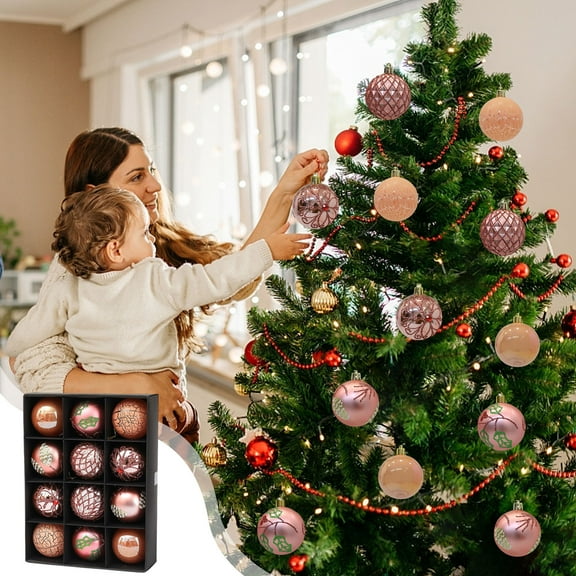 YSGFHGJW Shatterproof Christmas Ball Ornaments Set - 12-Piece Multi-Style Pink Plastic Decor for Tree, Party & Wedding - Easy-Hang Chi-ld-Friendly