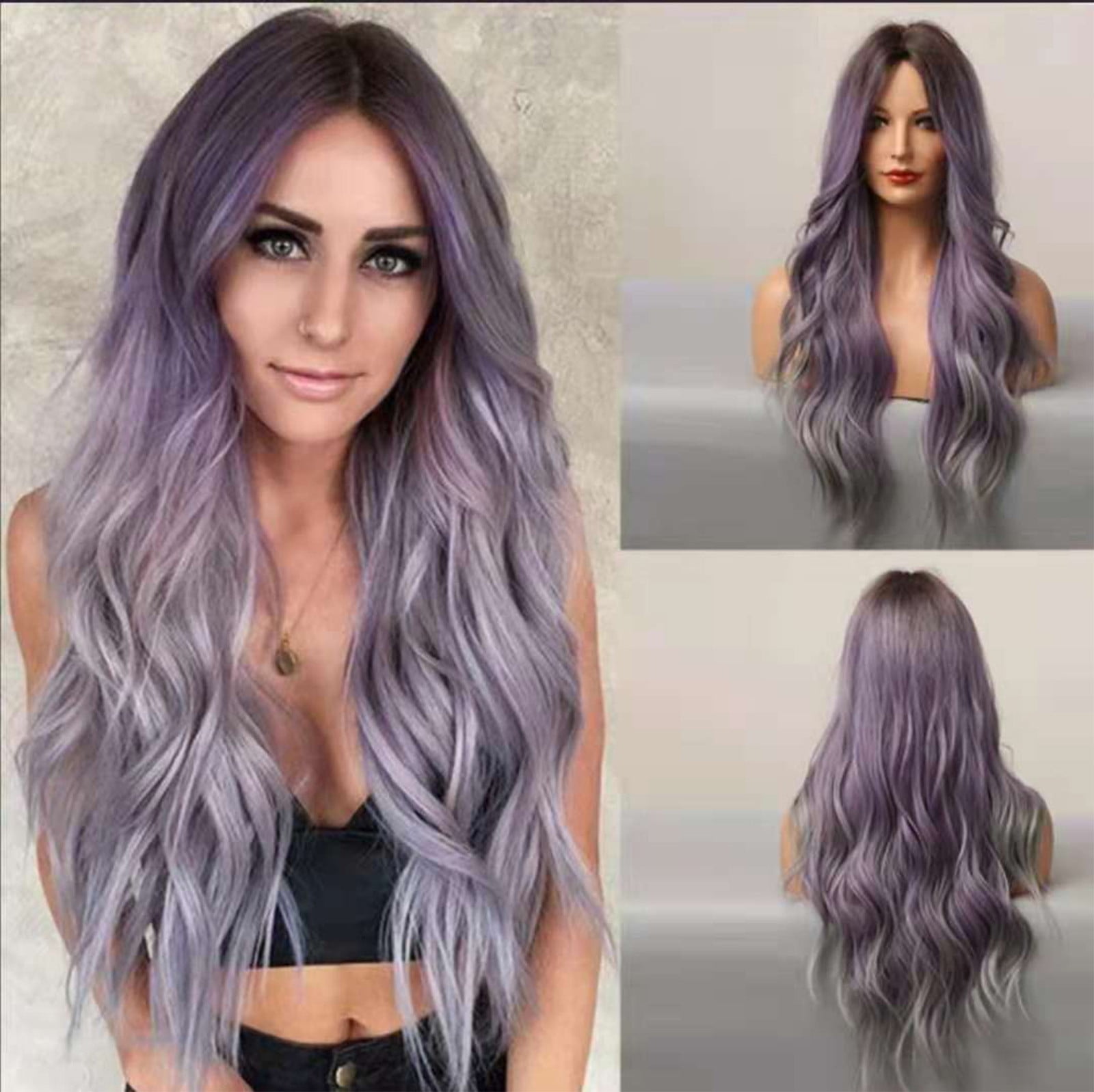 YSGFHGJW Wigs for Black Women,Color Mixing Colors Long Roll Curly Hair Middle Score Wig Fashion Natural Wig High Temperature Wire 25.59in Long Wig For Women Daily Life,Purple