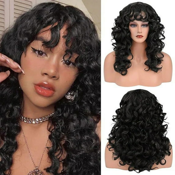 YSGFHGJW Wigs for Black Women,Long Curly Wig With Bangs Hair Wig For Women Synthetic Natural Wig Various Colors Available Daily Wear Party And Cosplay Soft Wig,Black