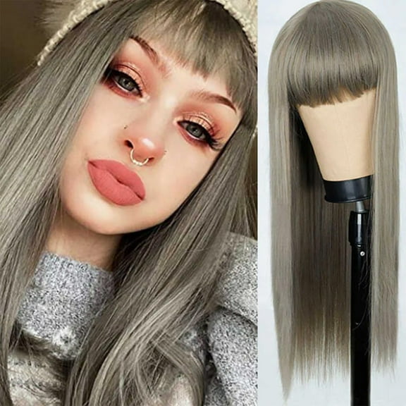 YSGFHGJW Wigs for Black Women,Long Straight Wig With Bangs Hair Wig For Women Synthetic Natural Wig ,Various Colors Available,Daily Wear Party And Cosplay Soft Wig,Gray
