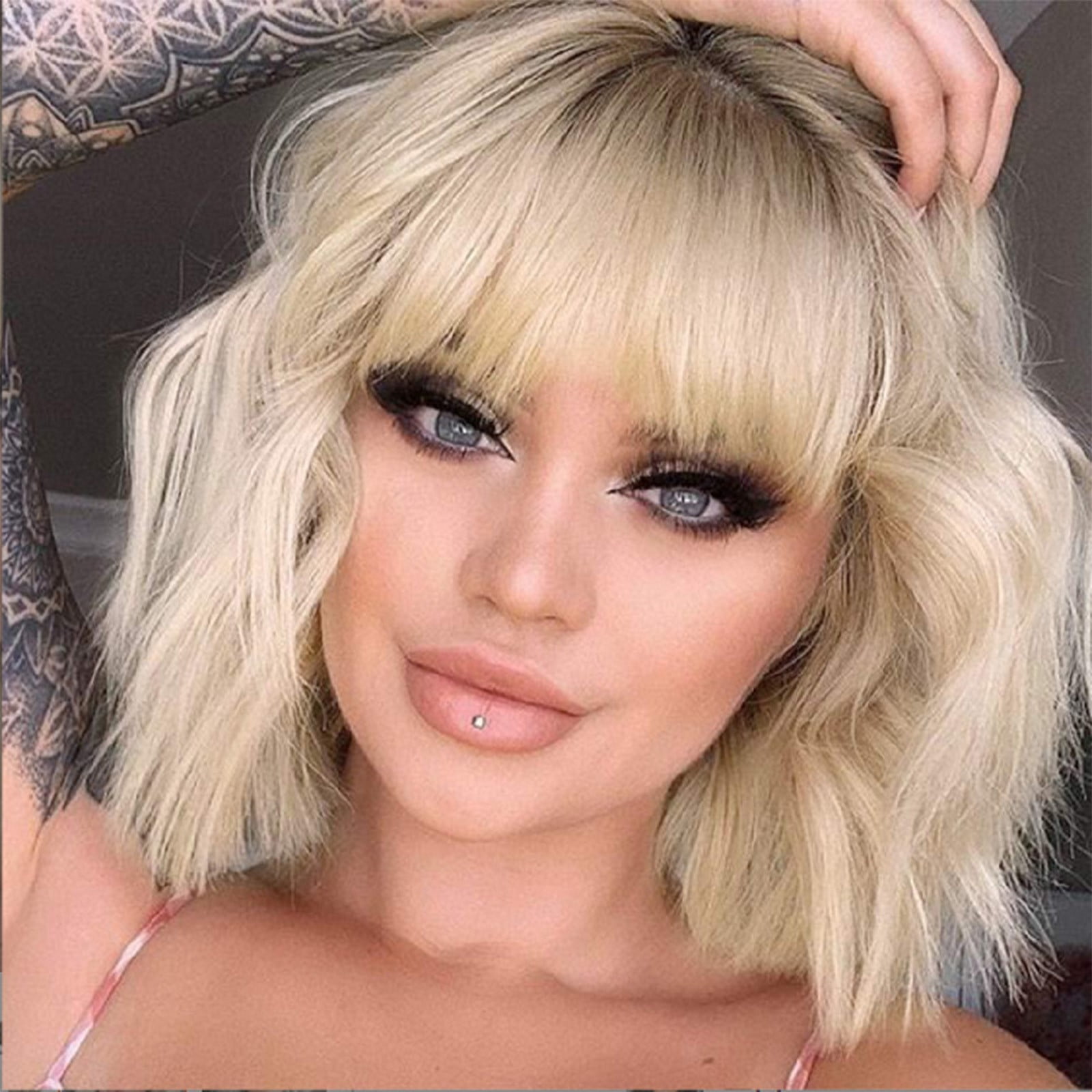 YSGFHGJW Wigs Human Hair,Europe And The United States Wigs For Boys And Girls With Bangs Short Curly Hair Party Available Ripple Multi Color Optional Rose Net Head Styling,White