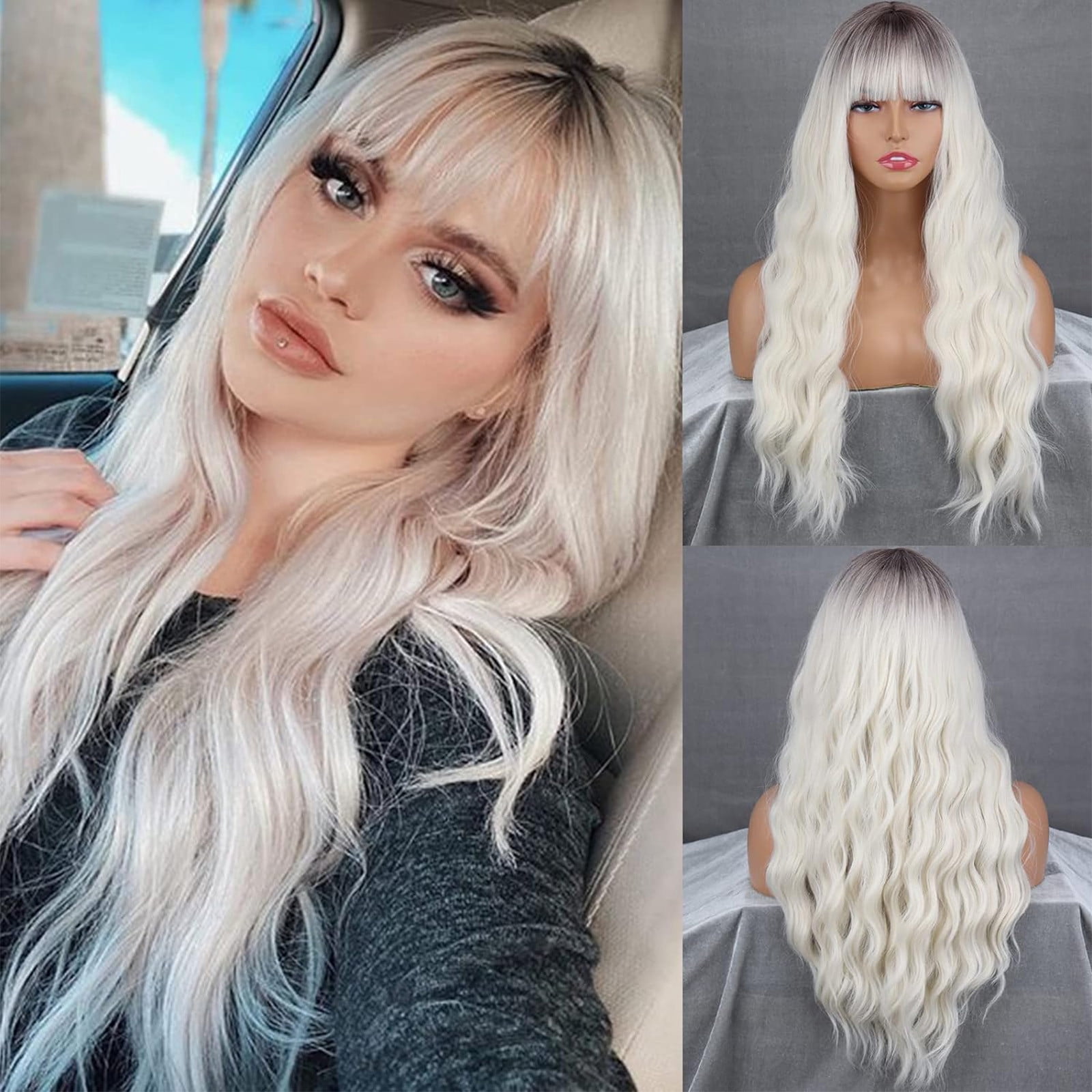 YSGFHGJW Wigs Human Hair,Long Curly Wig With Bangs Hair Wig For Women Synthetic Natural Wig Various Colors Available Daily Wear Party And Cosplay Soft Wig,White