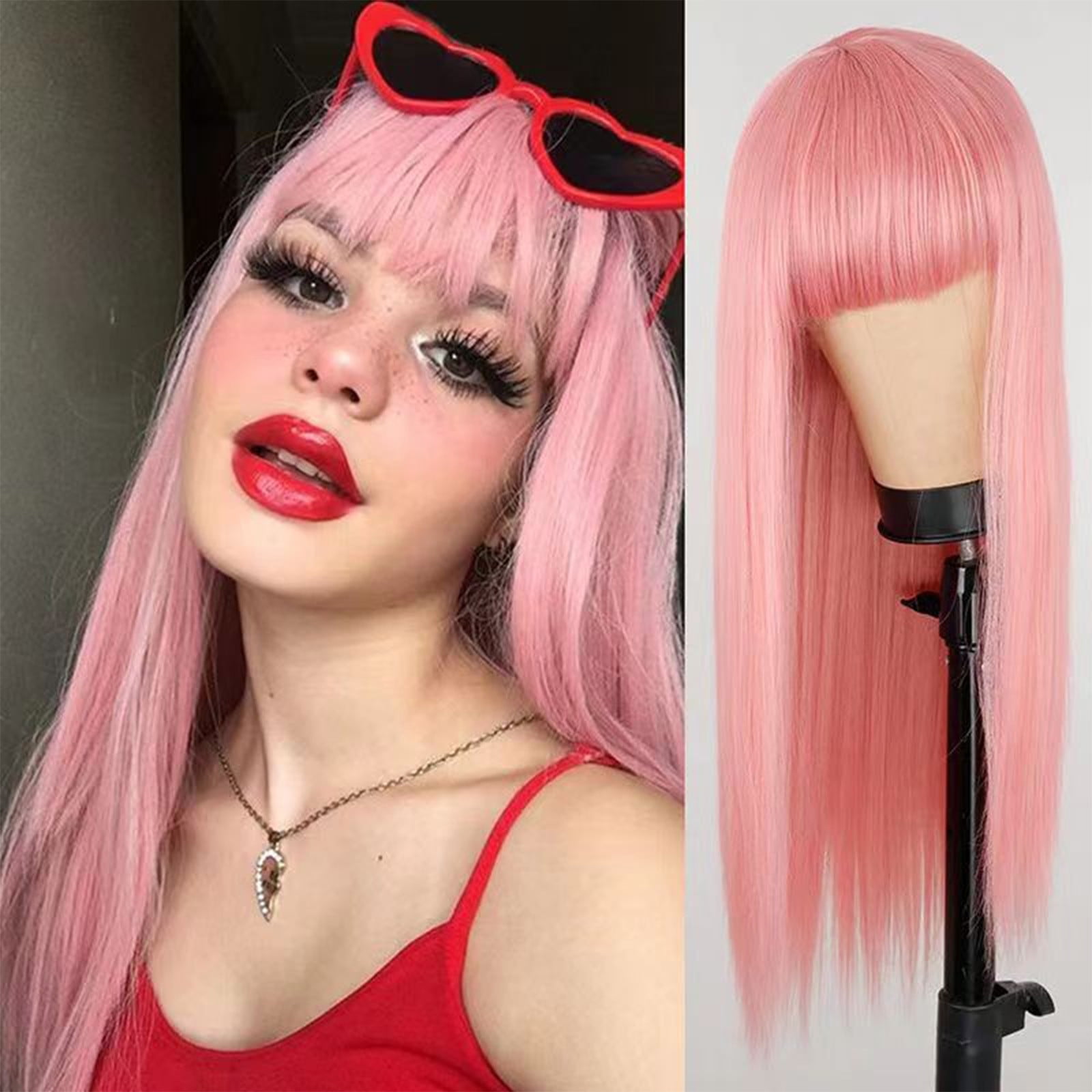 YSGFHGJW Wigs Human Hair,Long Straight Wig With Bangs Hair Wig For Women Synthetic Natural Wig ,Various Colors Available,Daily Wear Party And Cosplay Soft Wig,Pink