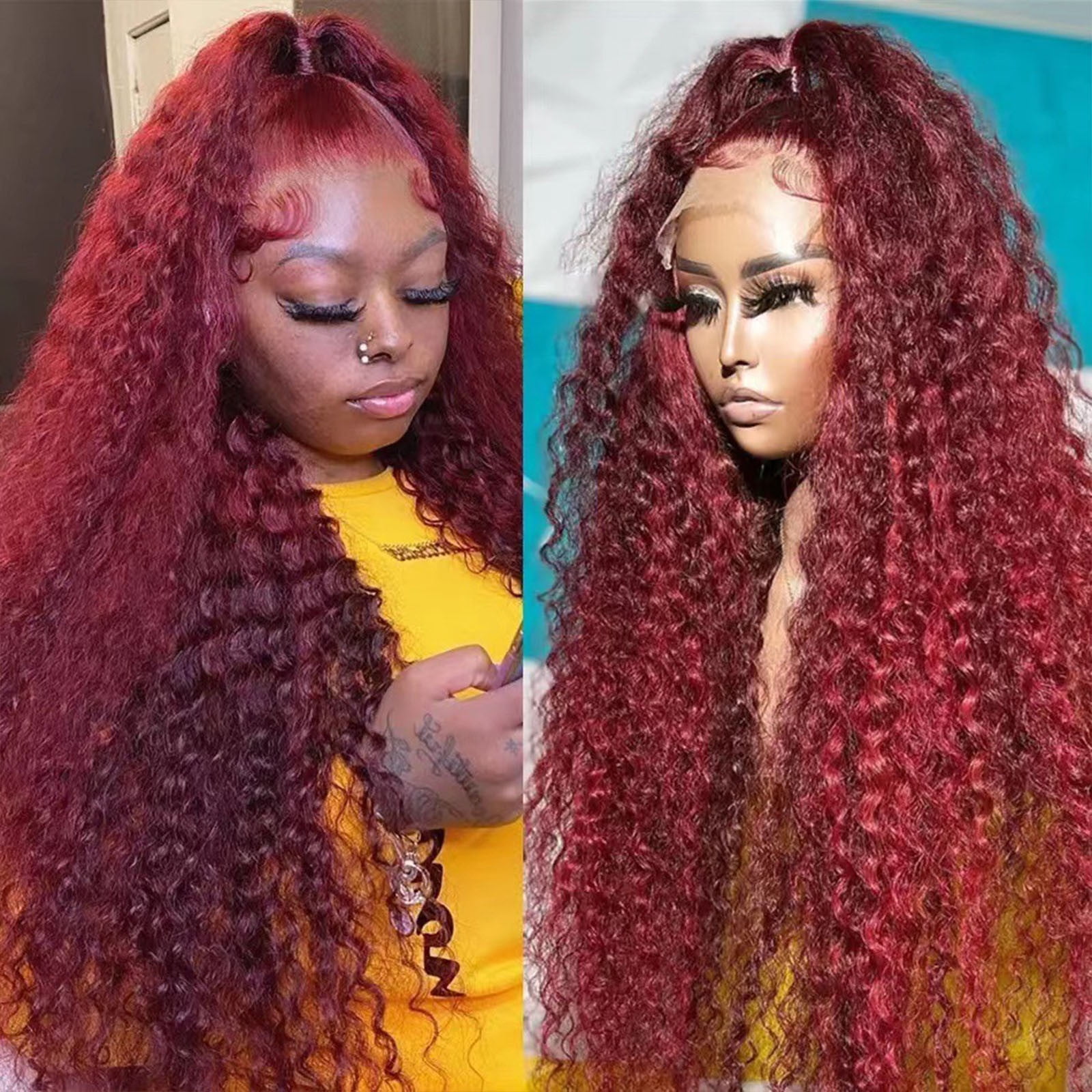 YSGFHGJW Wigs Human Hair,Wig,13x6 Lace Frontal Wig 24-32 Inch 360 Curly Human Hair Wigs Water Lace Closure Wig 360 Wig,Red