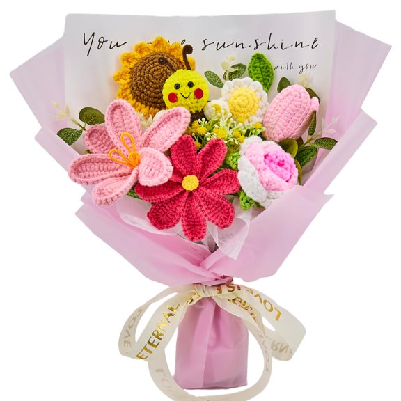 YSHomy Animal Crochet Flowers, Crochet Flower Bouquet of Cute Bee, Sunflowers, Roses, Tulips, Daisy, Happy Flowers, Gift for Kids, Graduation, Birthday (Pink, Include Card) Y101
