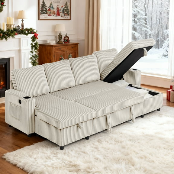 YSICK 102" Plush Corduroy Sleeper Sofa Bed with Storage Chaise Couch, Pull Out Couch Bed with USB & Type-C Ports U Shaped Sectional Couches for Living Room, Apartment, Beige